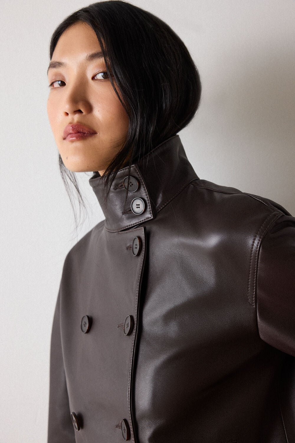 Chocolate Funnel Neck Leather Jacket