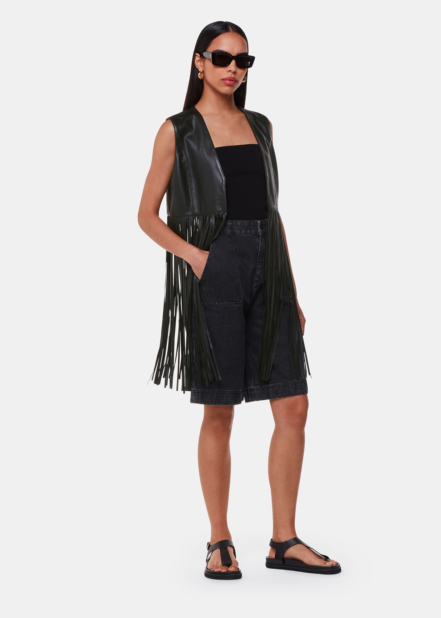 Black Rei Leather Fringed Waistcoat | WHISTLES | Whistles UK | Black Rei Leather Fringed Waistcoat | WHISTLES | Whistles UK |