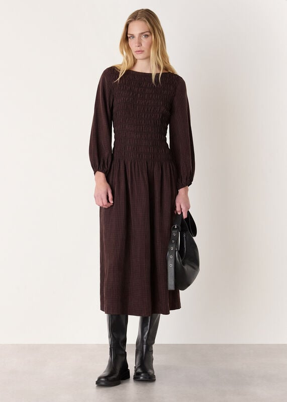 Brown Checked Shirred Dress