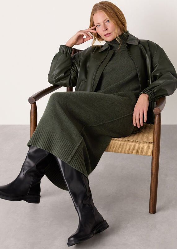 Dark Green Funnel Neck Wool Midi Dress