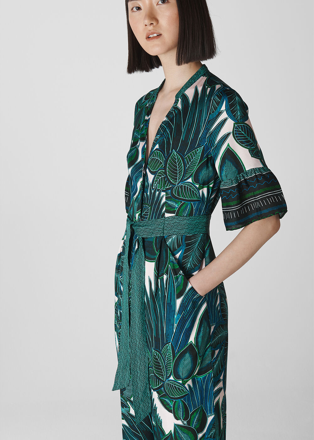 Palm Print Tie Front Jumpsuit