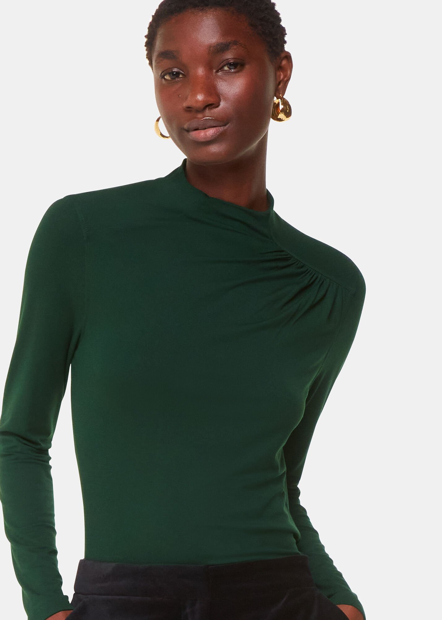 Dark Green Ruched Front Detail Jersey Top | WHISTLES | Whistles UK |