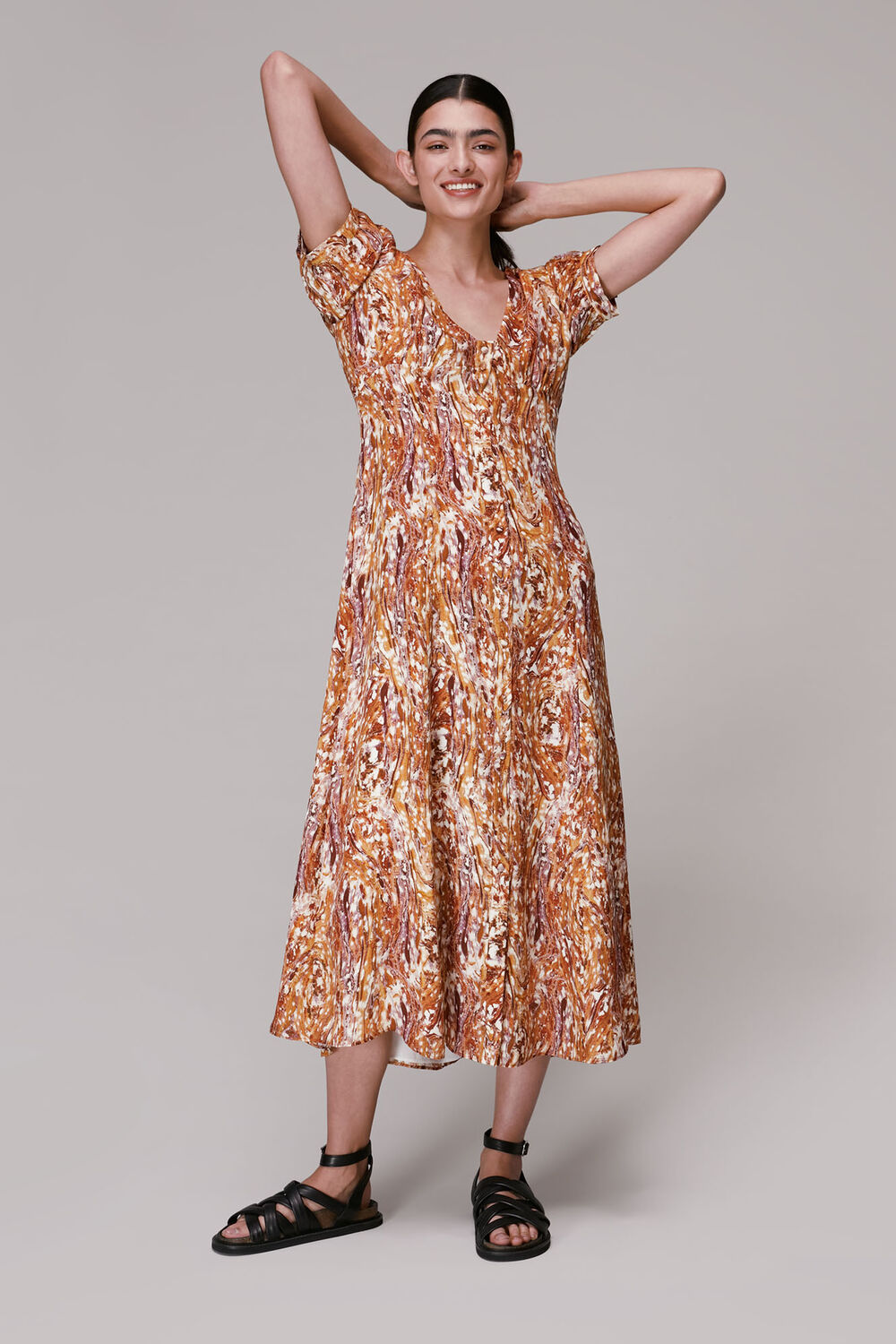 Multicolour Marble Print Silk Midi Dress