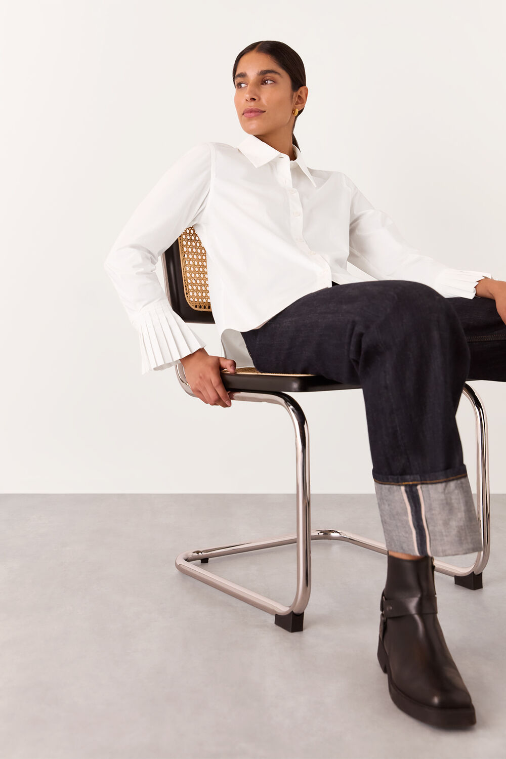 White Marcy Pleated Cuff Shirt