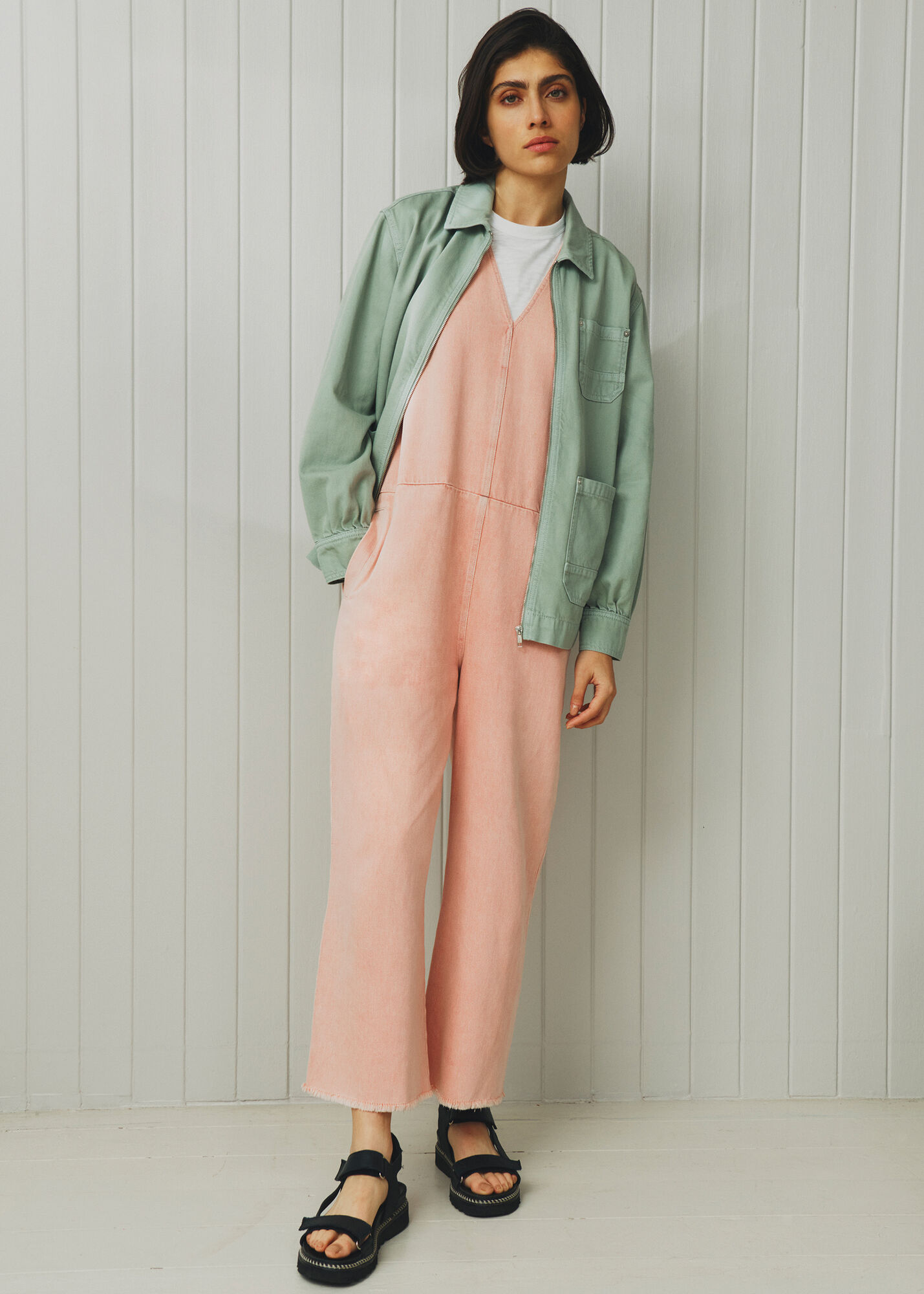 Pink V Neck Denim Jumpsuit WHISTLES Whistles UK