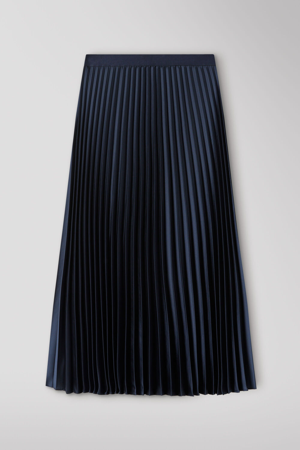 Navy Satin Pleated Midi Skirt