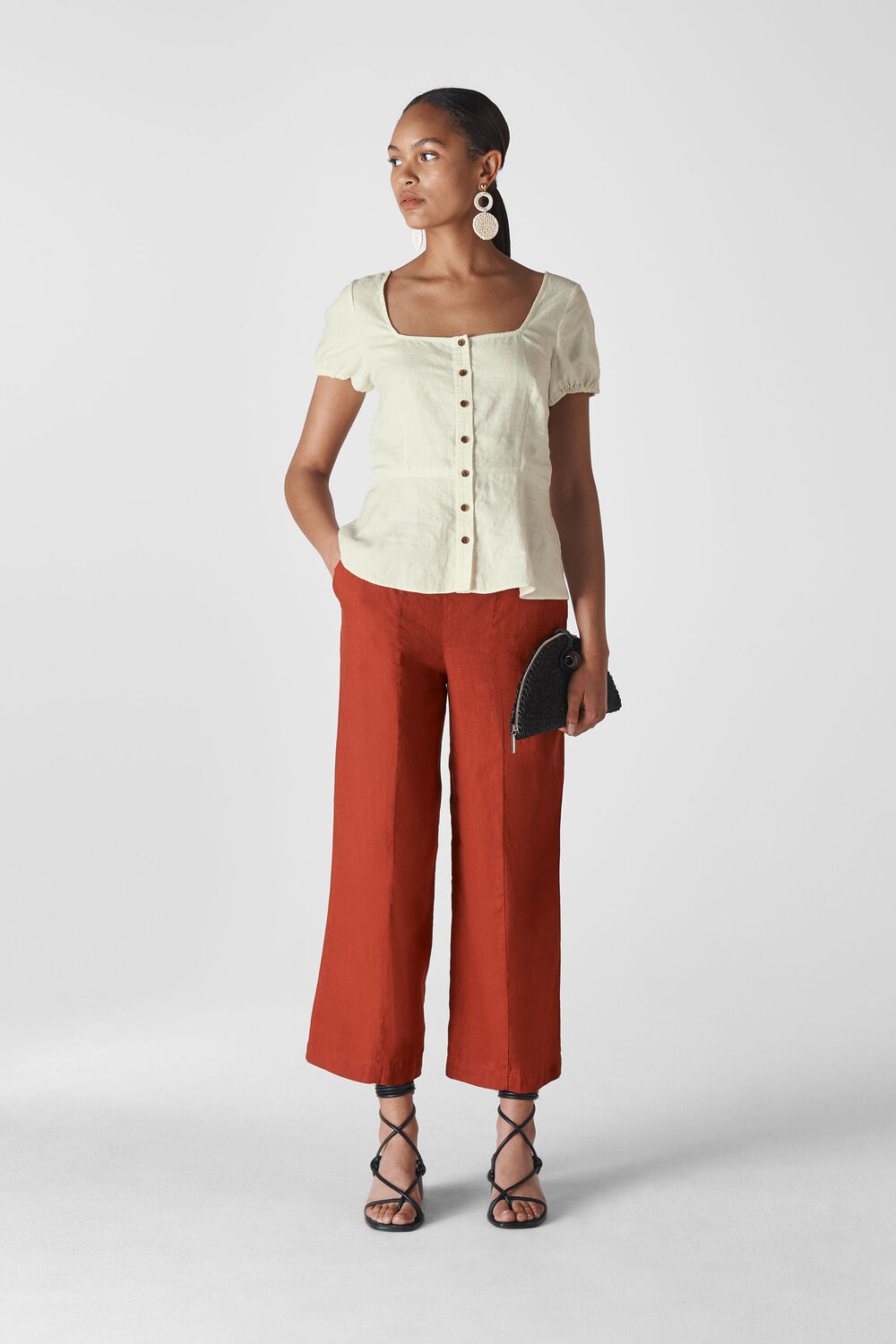 Alana Waisted Linen Top Ivory/Multi
