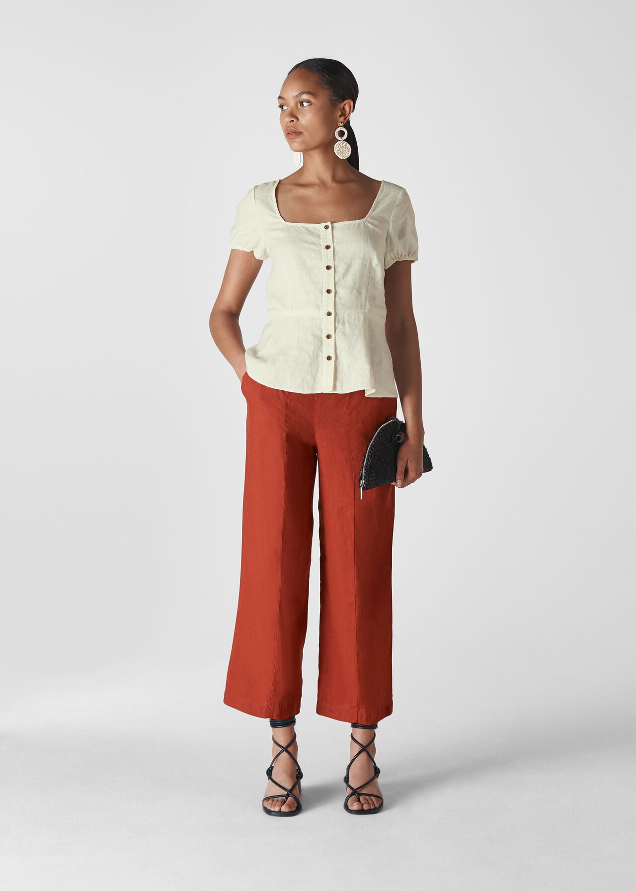 Alana Waisted Linen Top Ivory/Multi