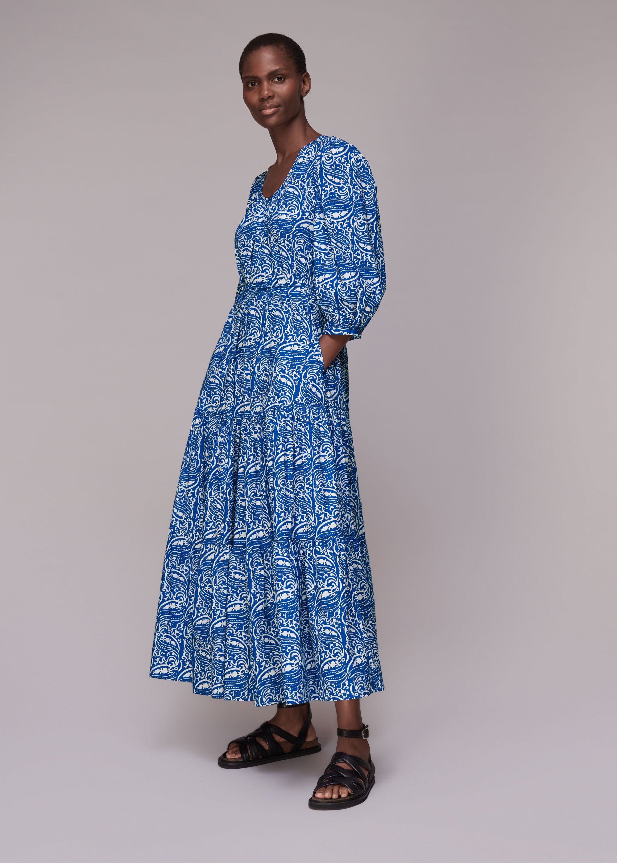 Blue/Multi Chaina Print Trapeze Dress | WHISTLES | Whistles US |