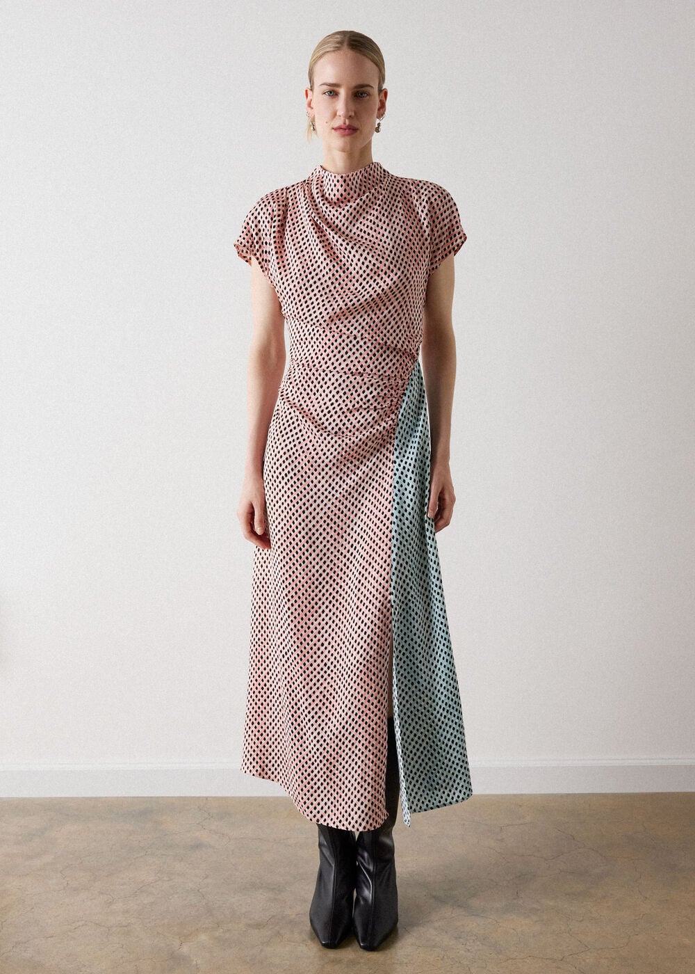 Pink Graphic Check Cowl Neck Dress