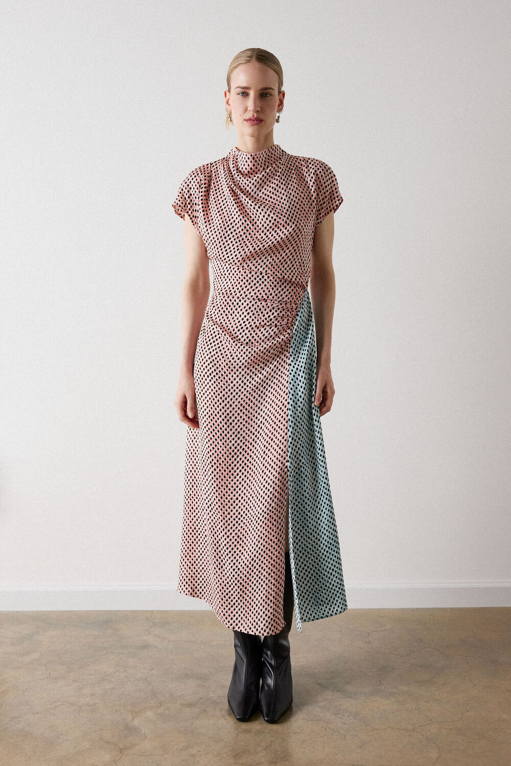 Graphic Check Cowl Neck Dress