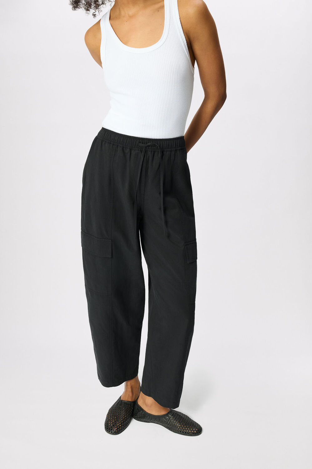 Washed Black Utility Cotton Barrel Trouser