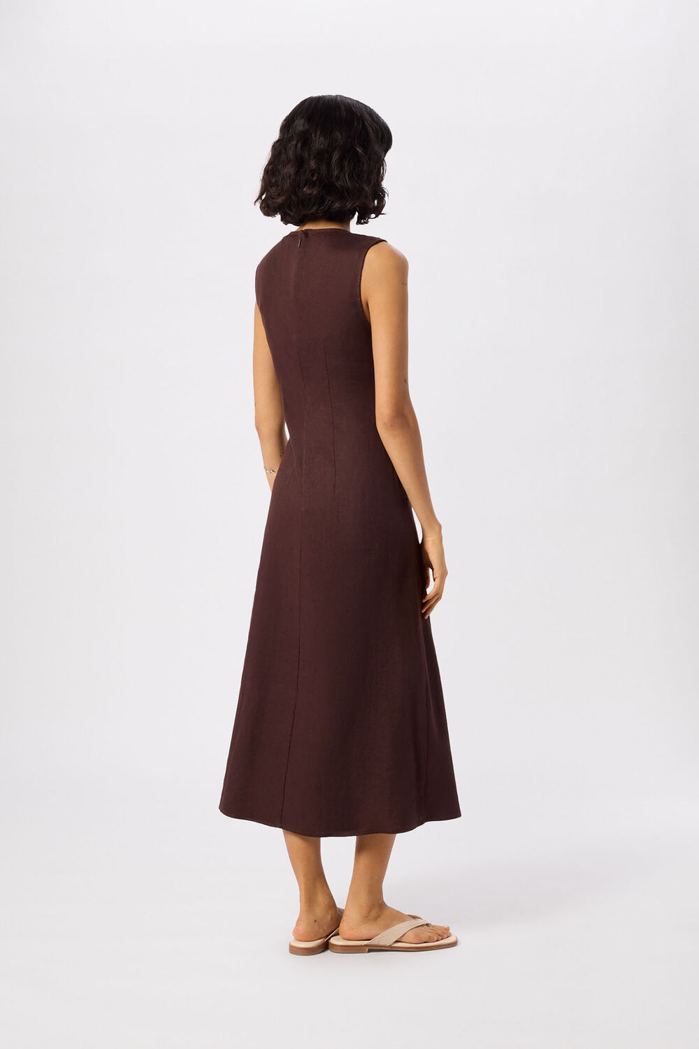 Brown Bias Cut Linen Dress