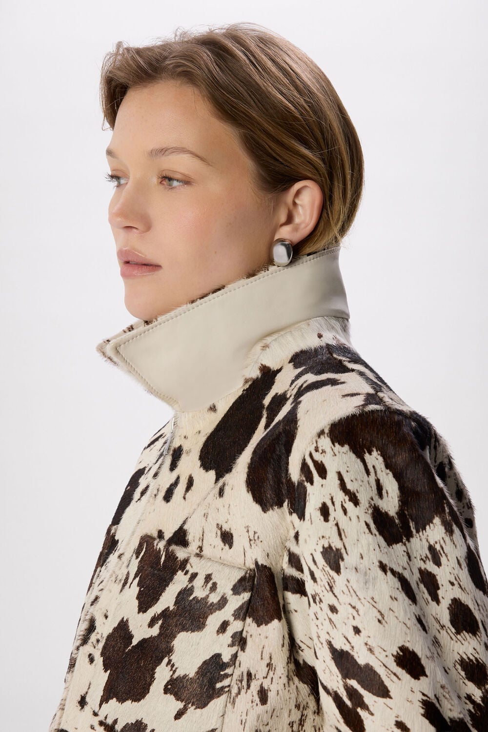 Brown Cow Print Zip Jacket