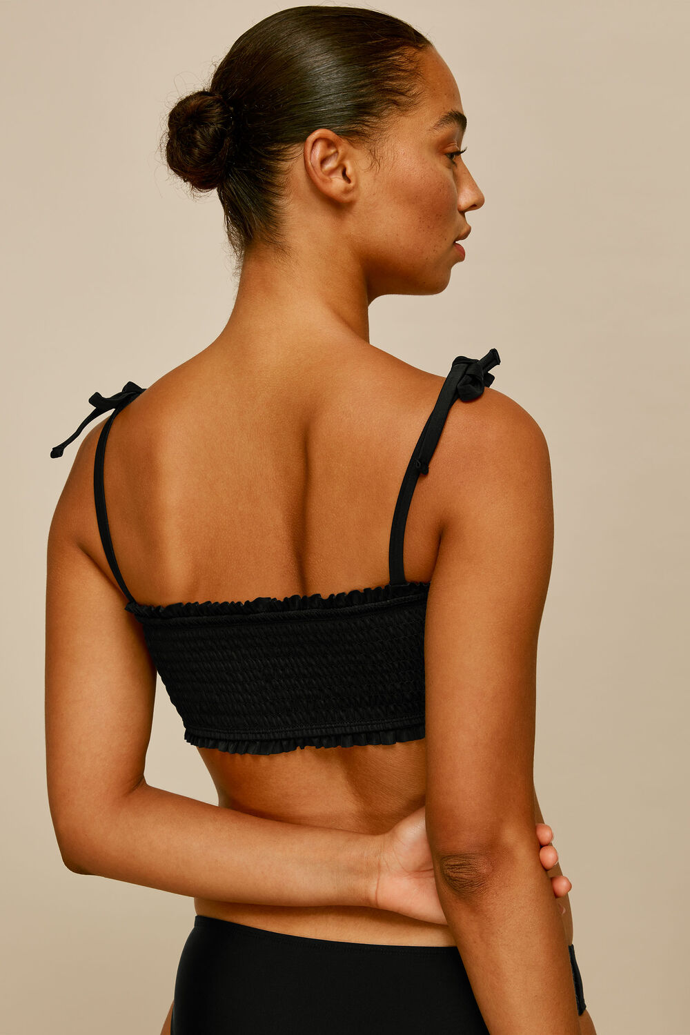 Shirred Tie Strap Bikini Top Black