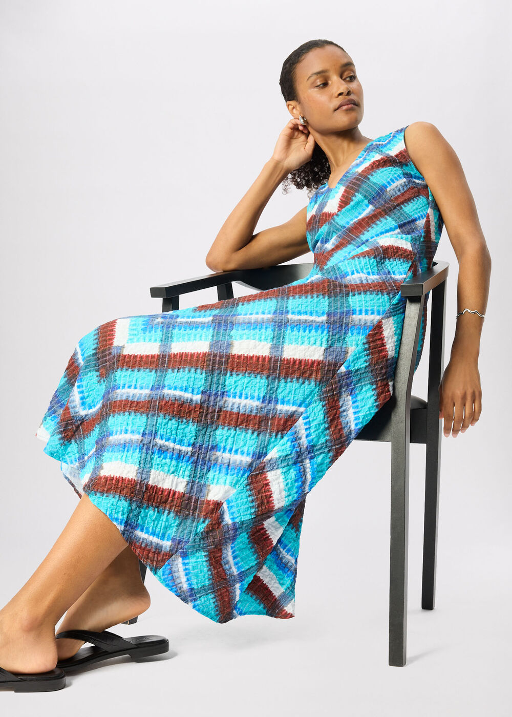 Checked V Neck Textured Dress
