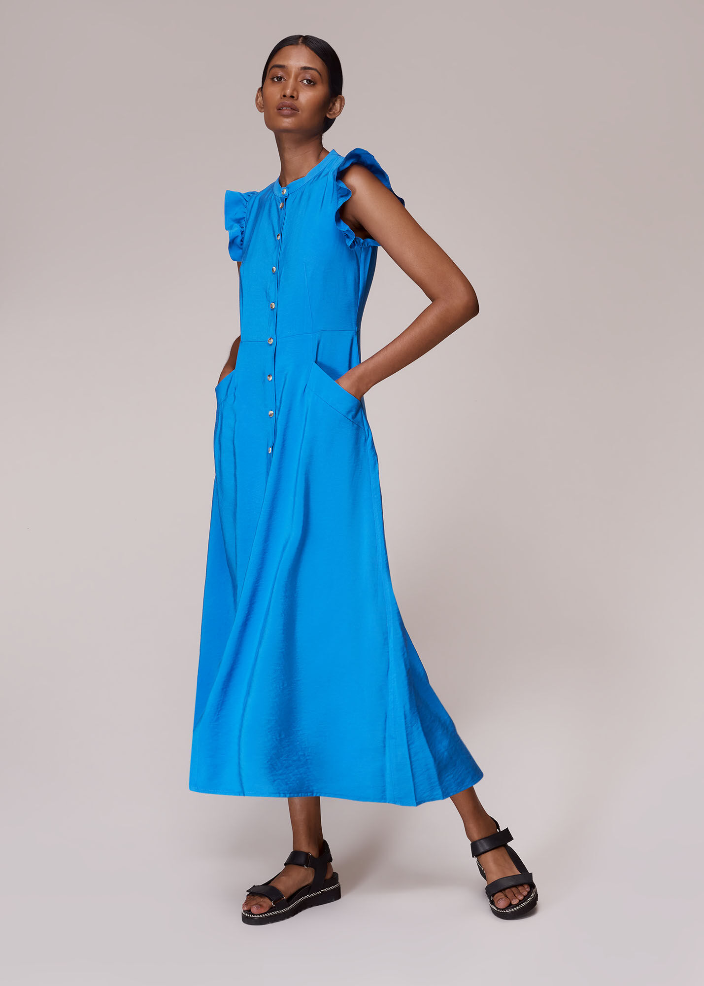 Sail Blue 3/4 Ruffled Sleeve Buttoned Crinkled Shirt Dress