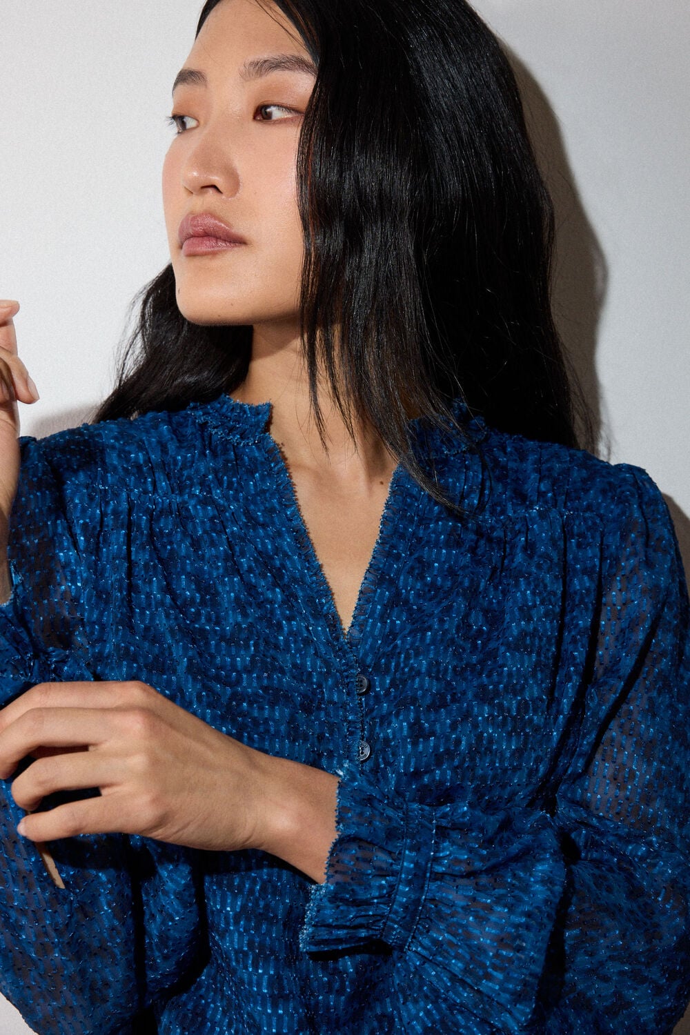 Blue Floral Textured V Neck Blouse