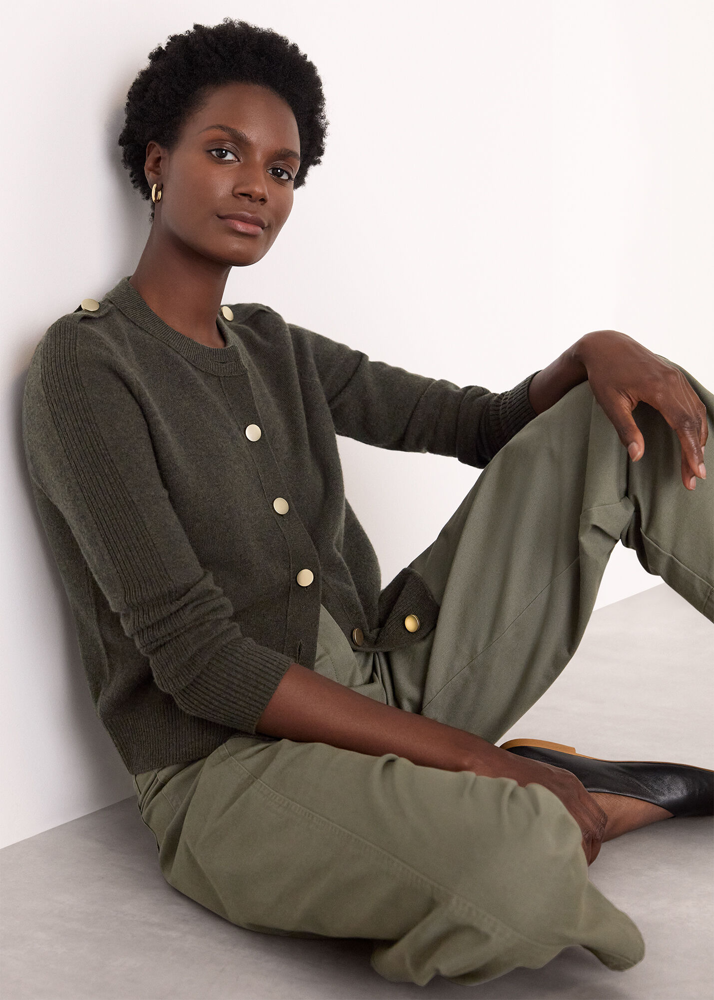 Khaki Military Crew Neck Cardigan | WHISTLES | Whistles UK |