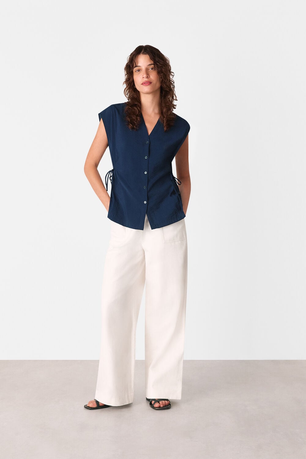 Navy Button Down Tie Side Shirt