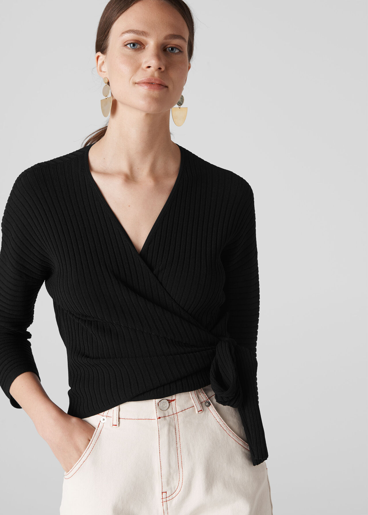 Rib Detail Wrap Top Black