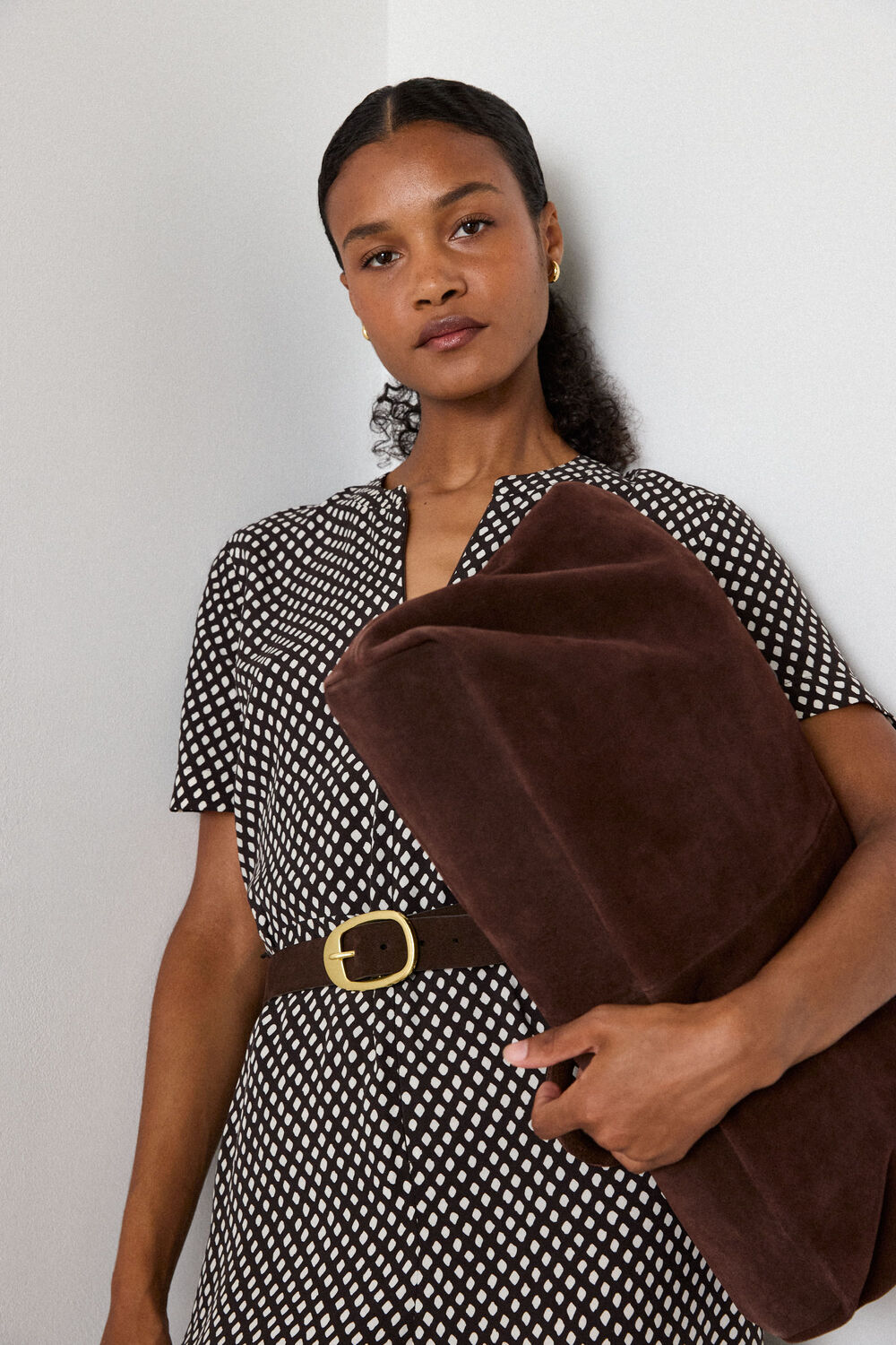 Brown Petite Check Short Sleeve Jumpsuit