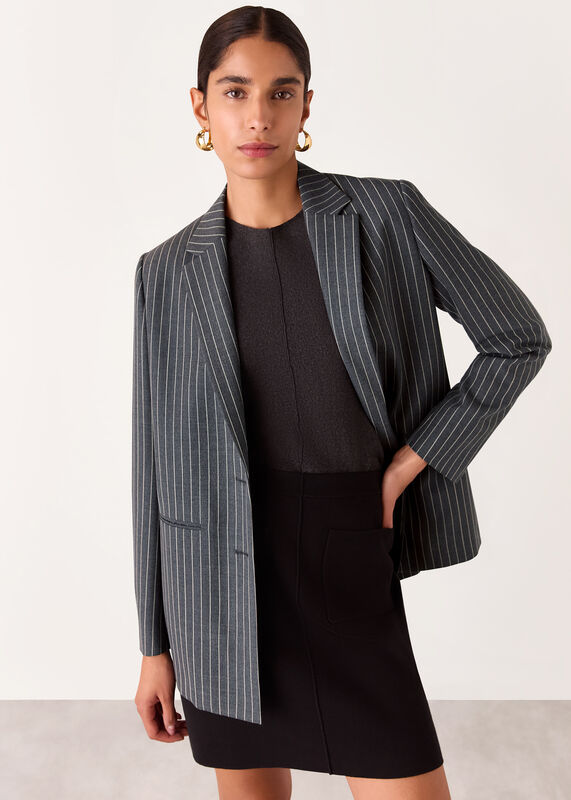 Grey Isla Pinstripe Wool Blazer