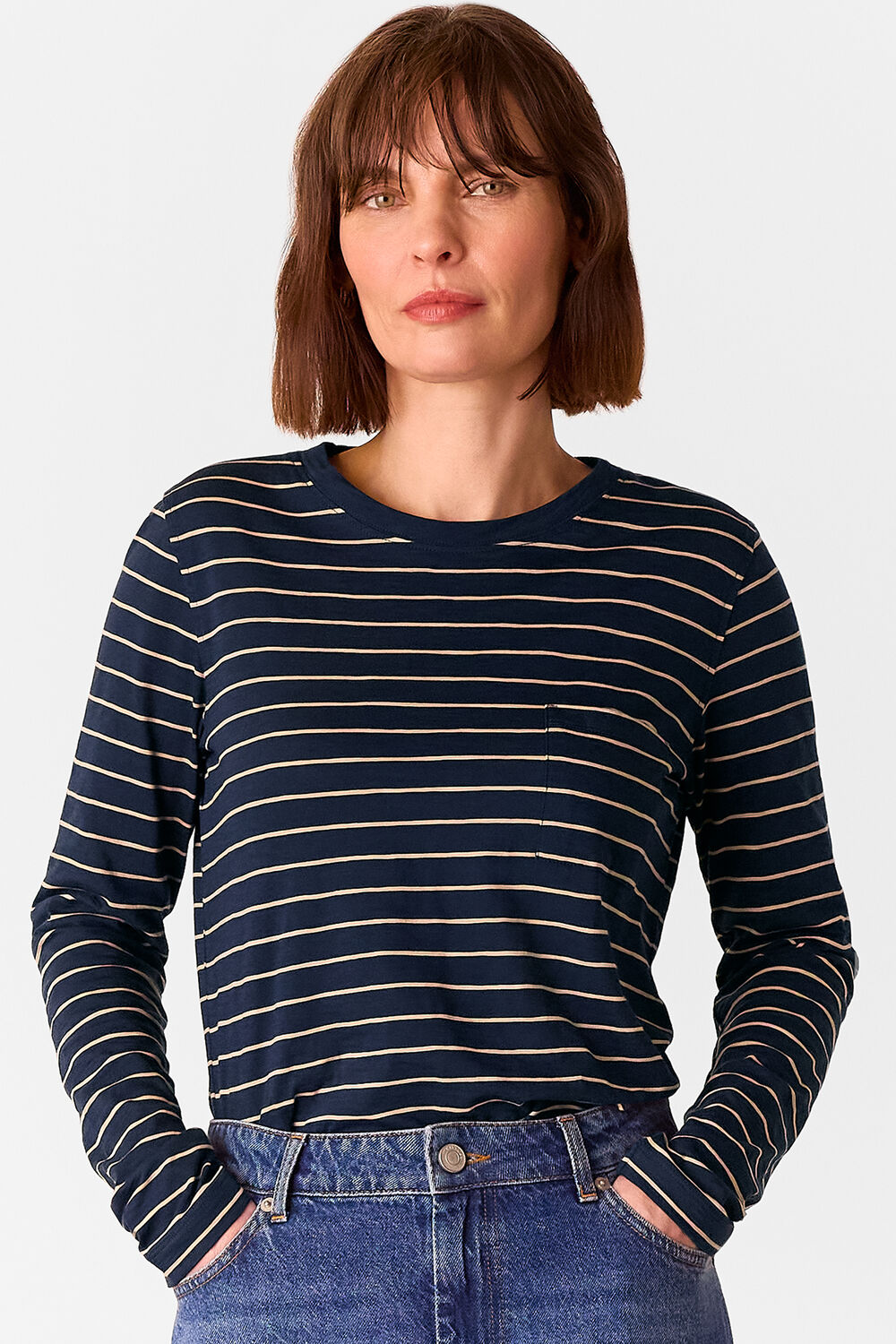 Navy Crew Neck Stripe Pocket Top