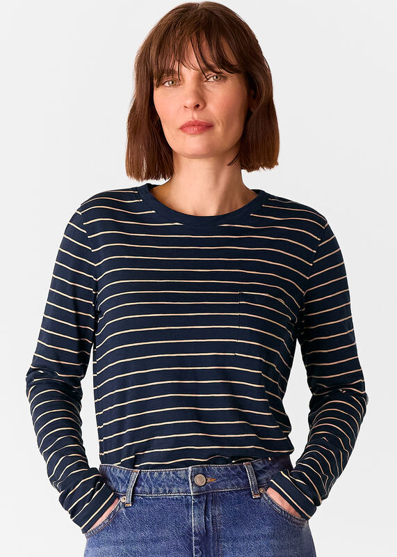 Navy Stripe Crew Neck Pocket Top