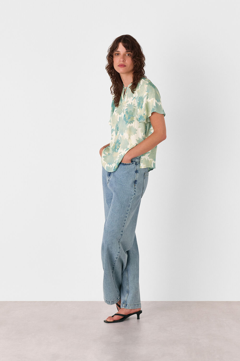 Blue Floral Tie Neck Blouse
