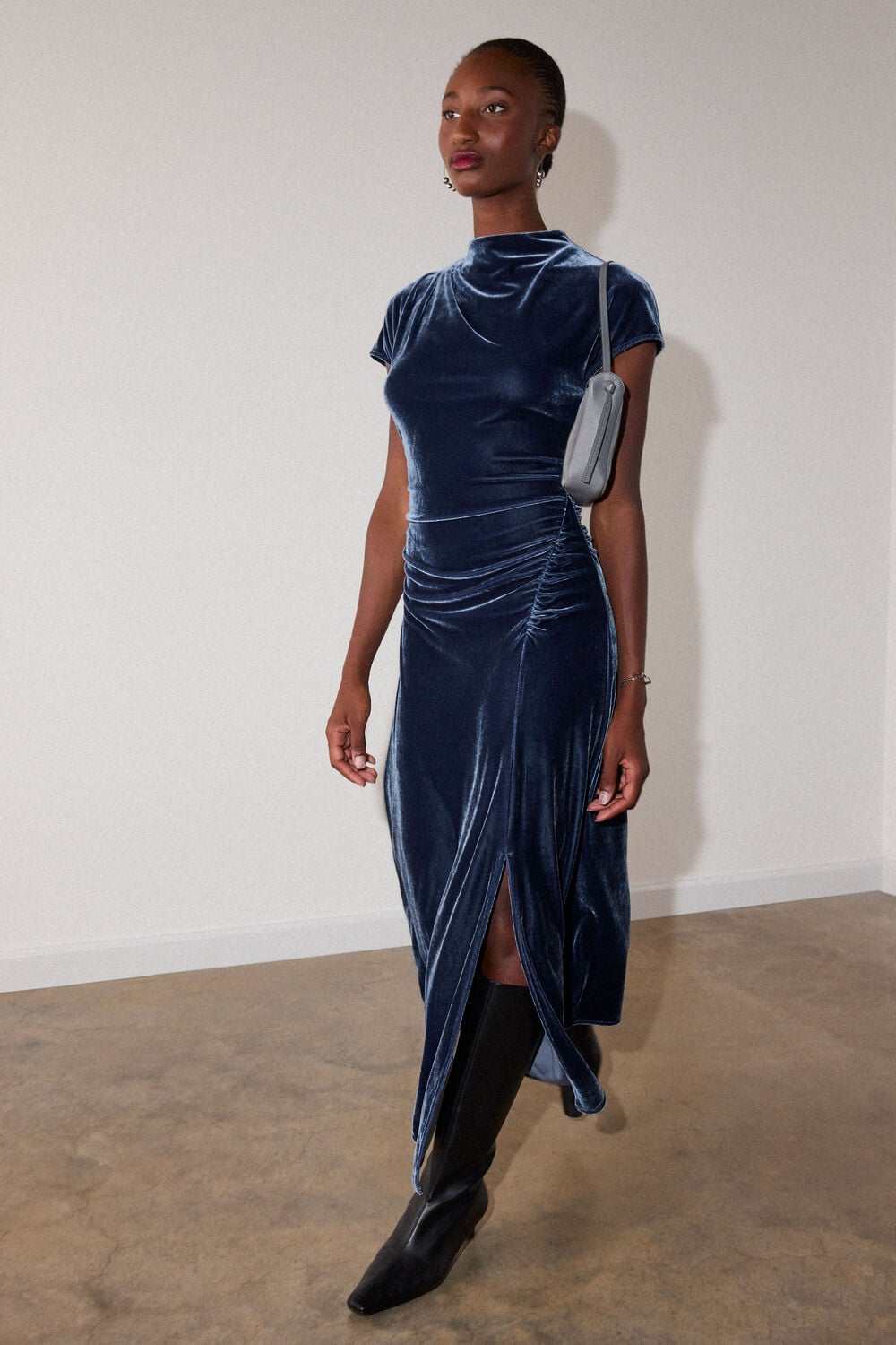 Navy Petite Velvet Ruched Midi Dress