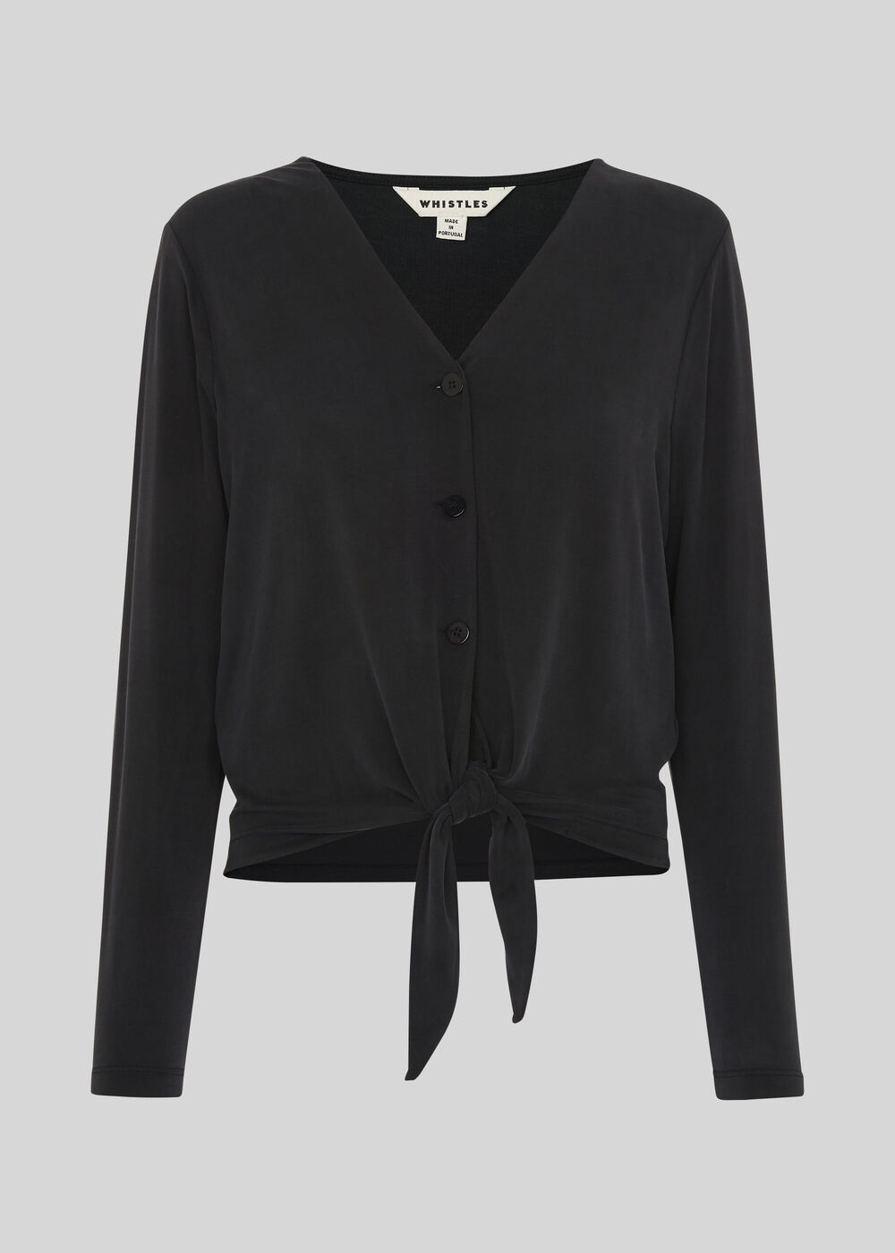 Cupro Button Tie Front Top Black