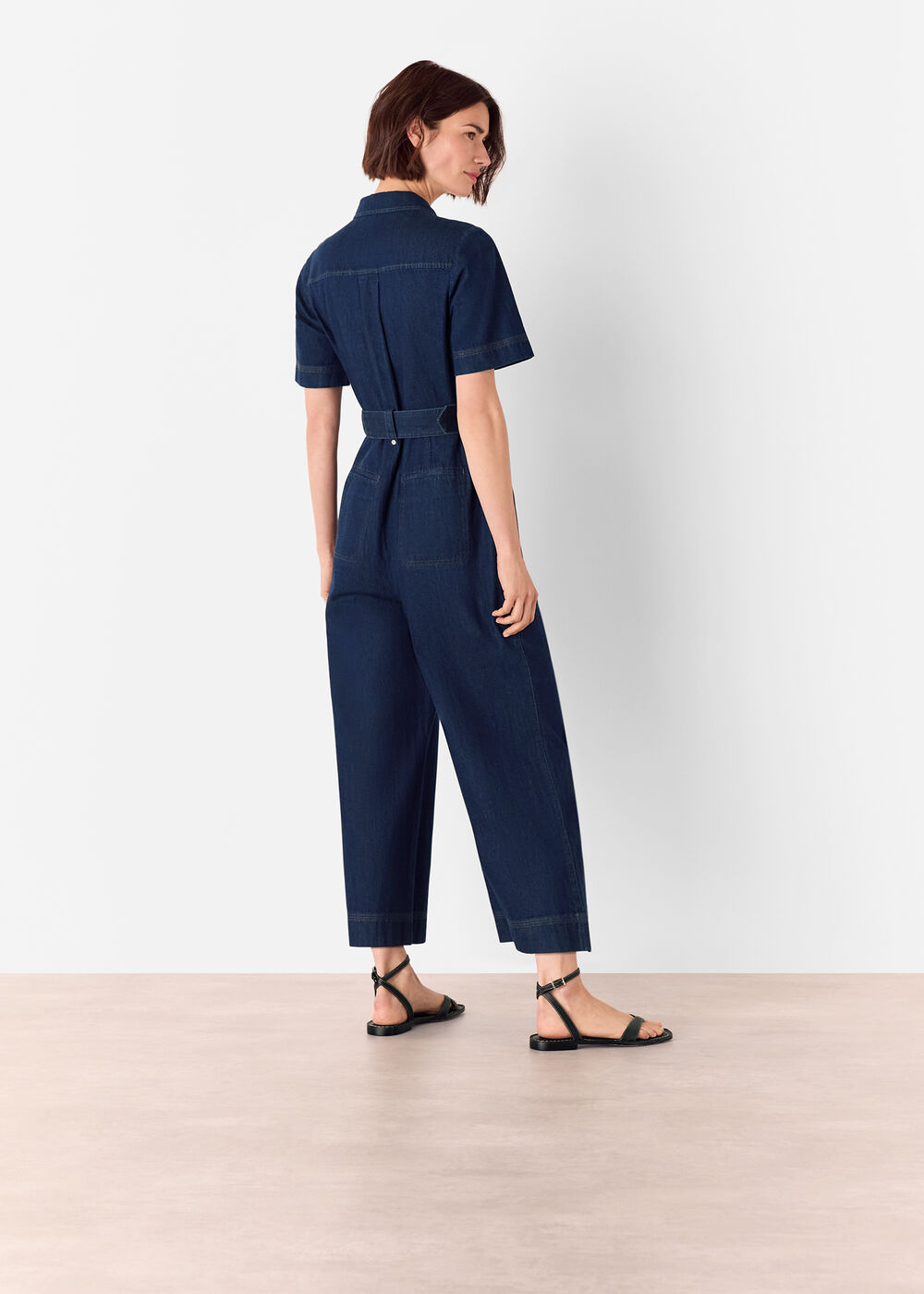 Denim Pintuck Belted Jumpsuit