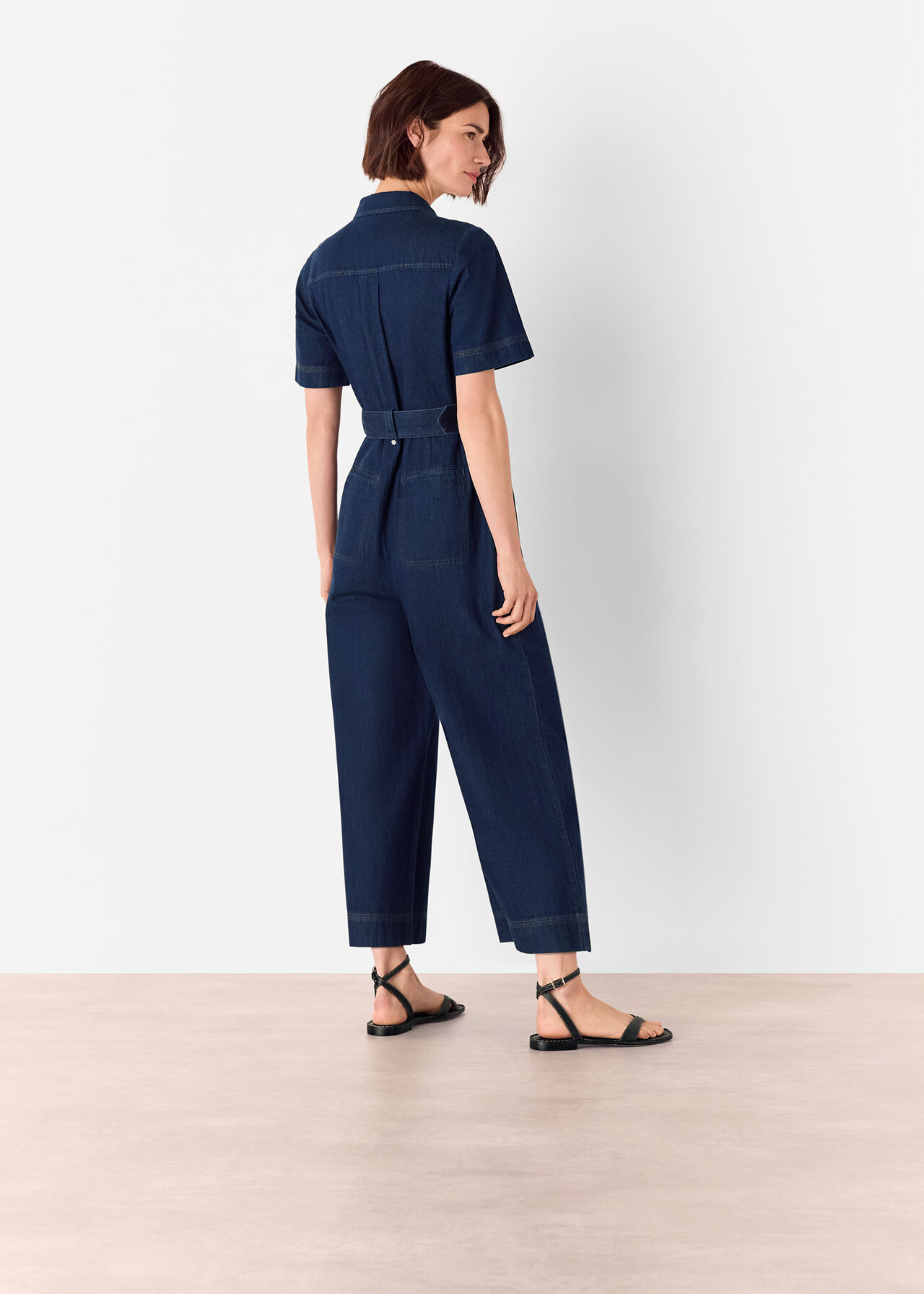 Denim Pintuck Belted Jumpsuit