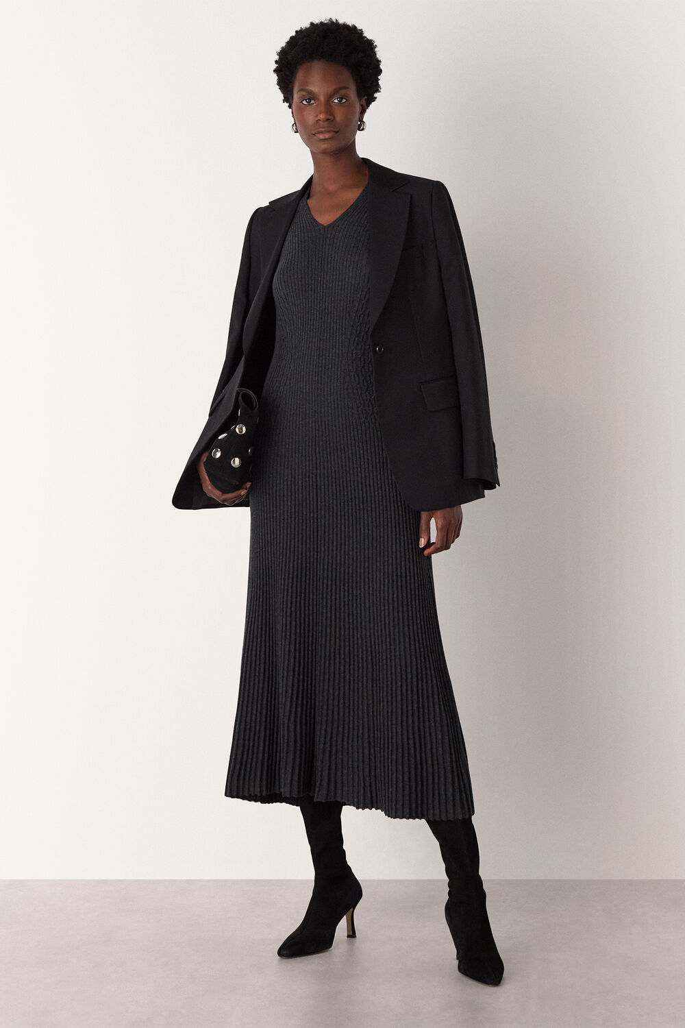 Dark Grey V Neck Cable Ribbed Knit Dress