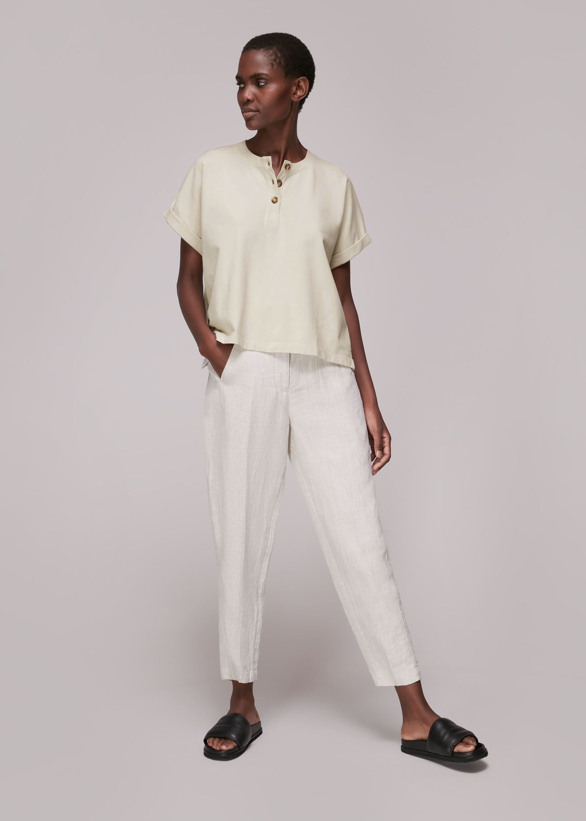 Beige Round Neck Henley Tee | WHISTLES 