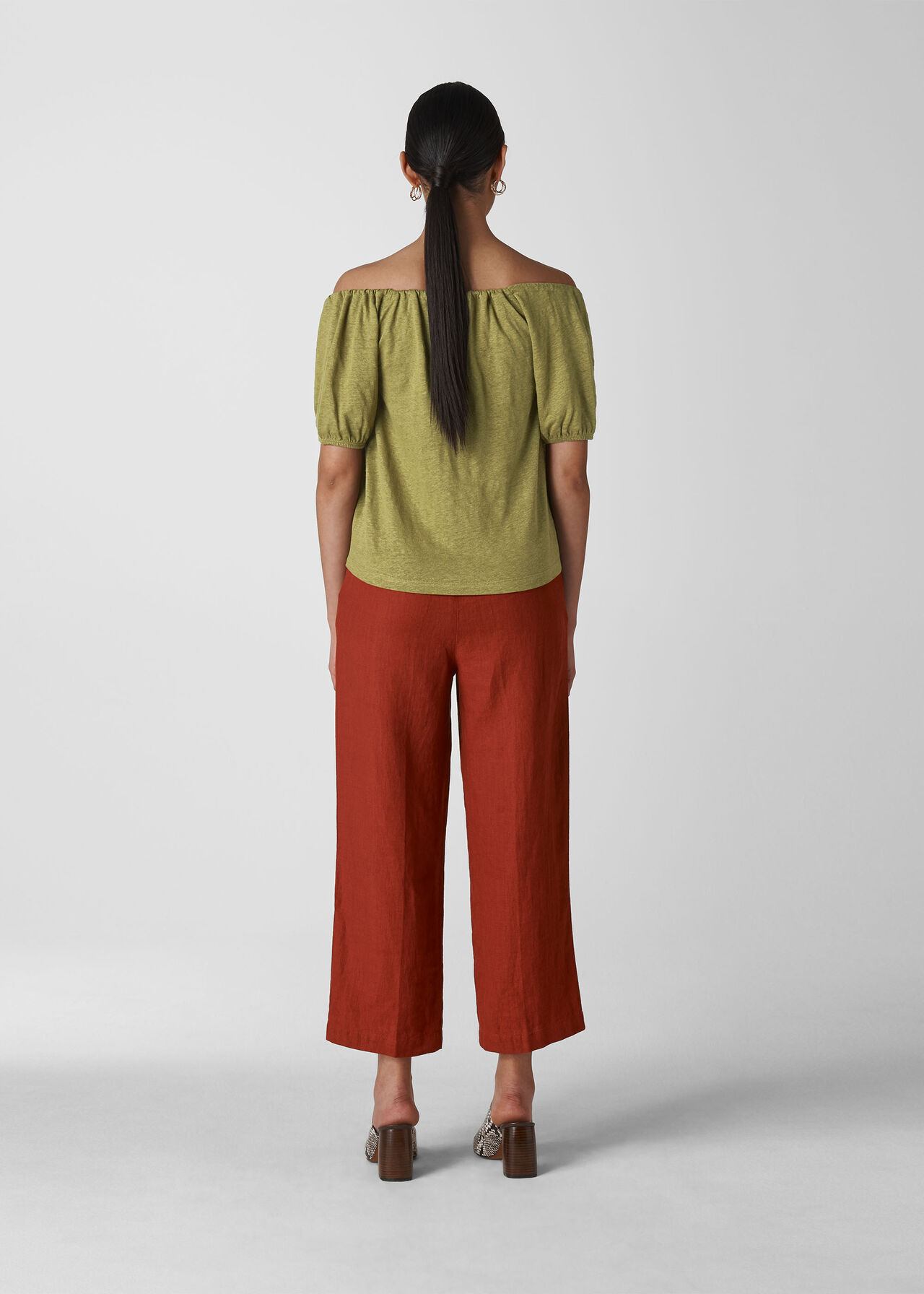 Drawstring Bardot Linen Top Olive