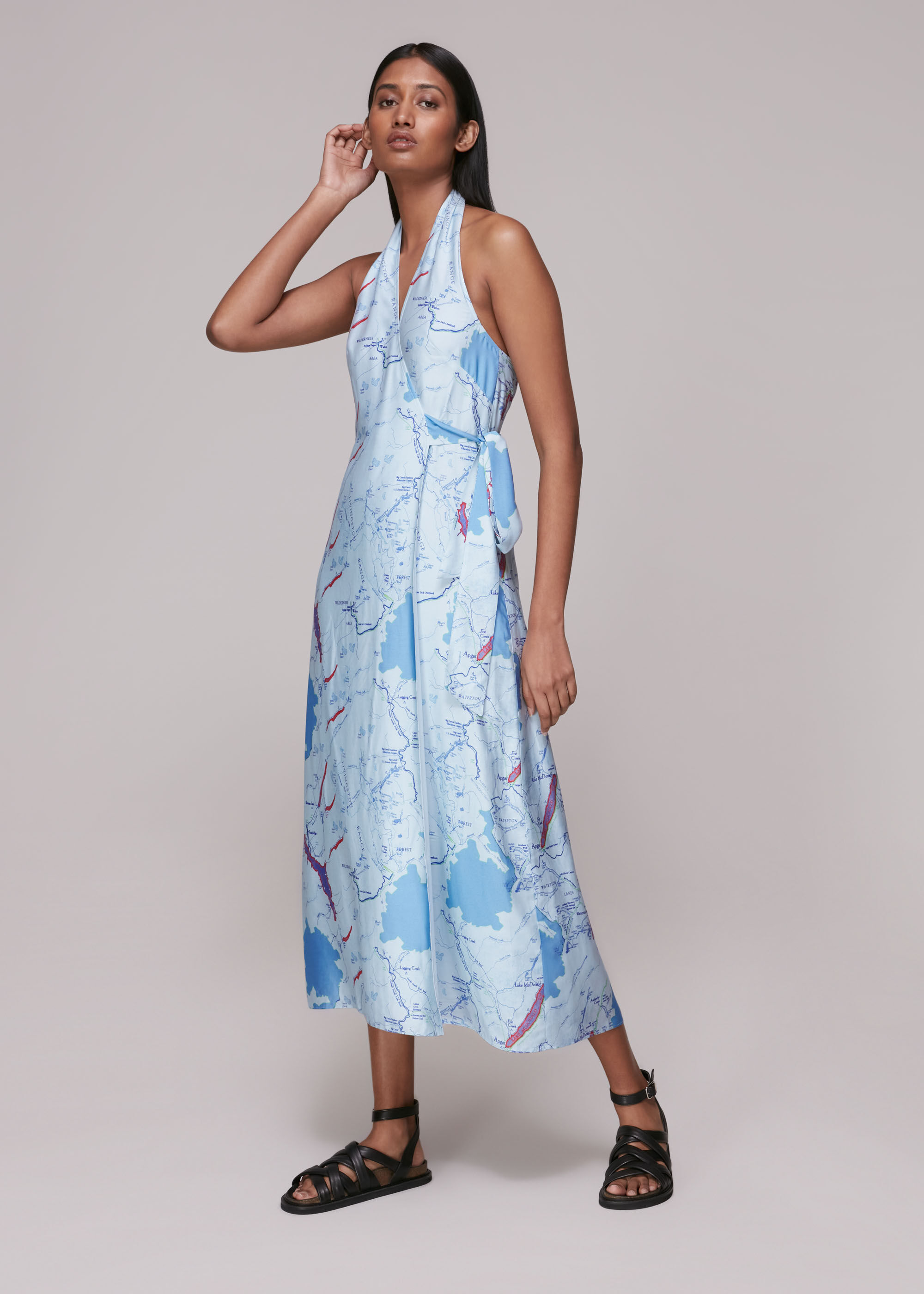 Blue/Multi Melanie Map Silk Mix Dress | WHISTLES | Whistles US |