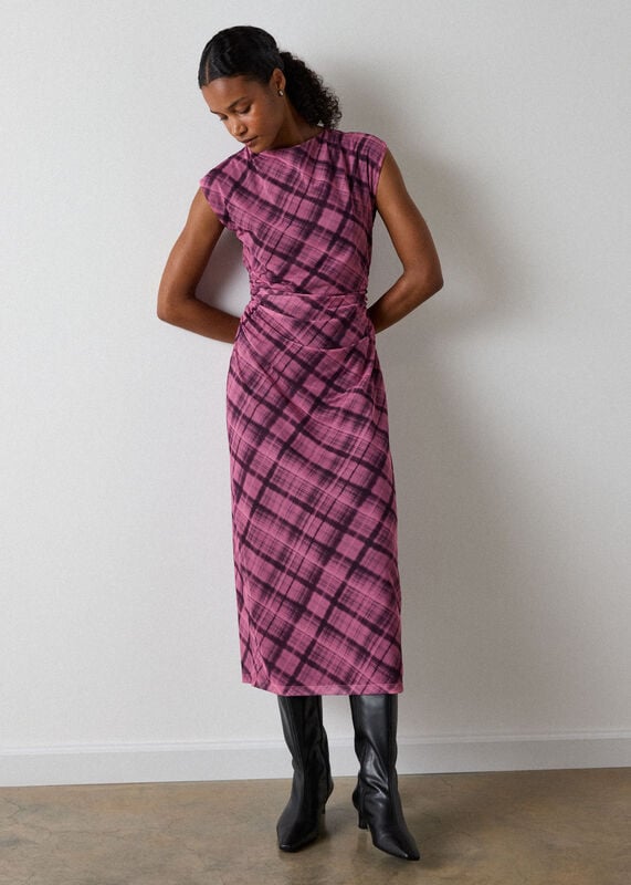 Pink Check Mesh Midi Dress