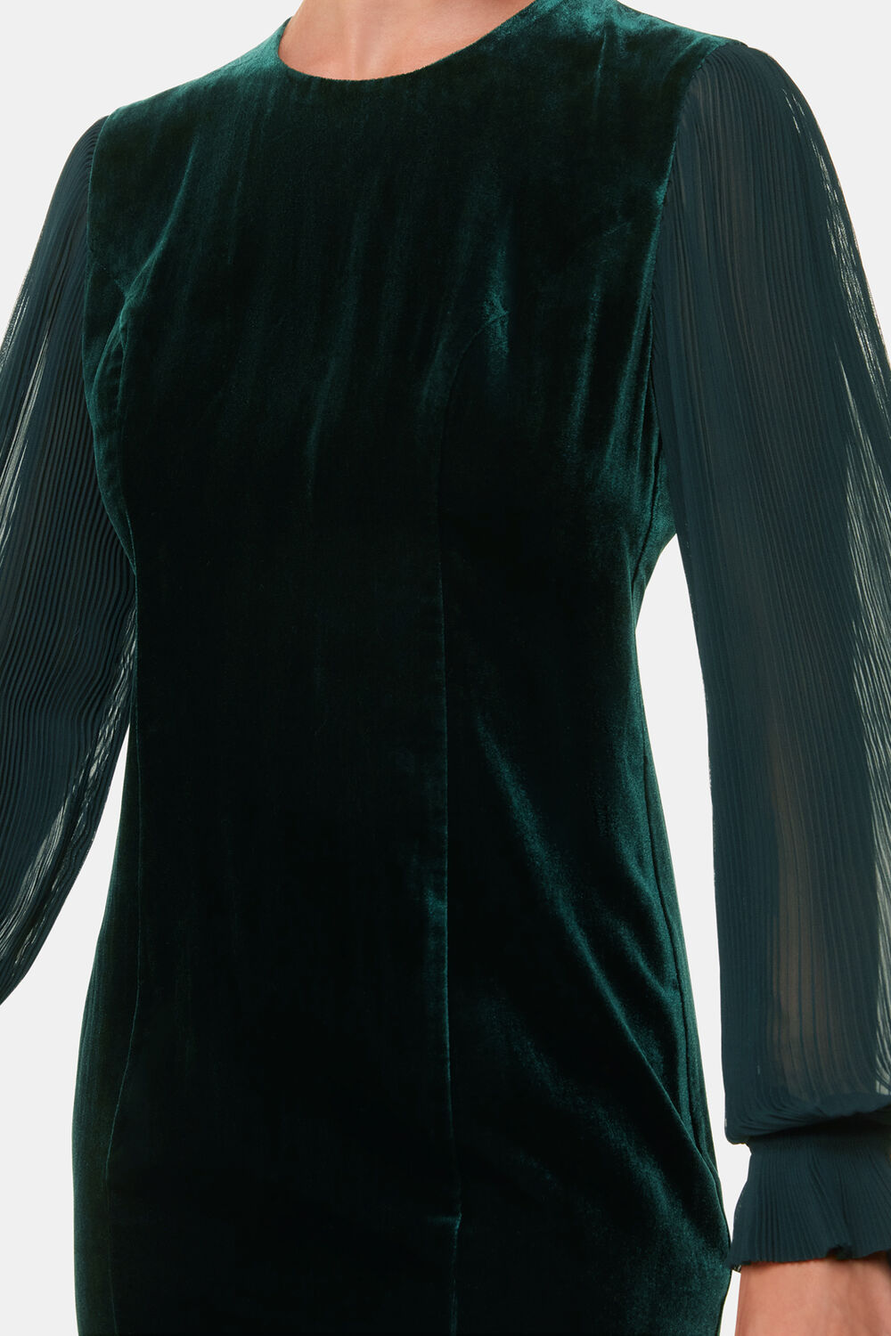Dark Green Velvet Pleated Sleeve Dress