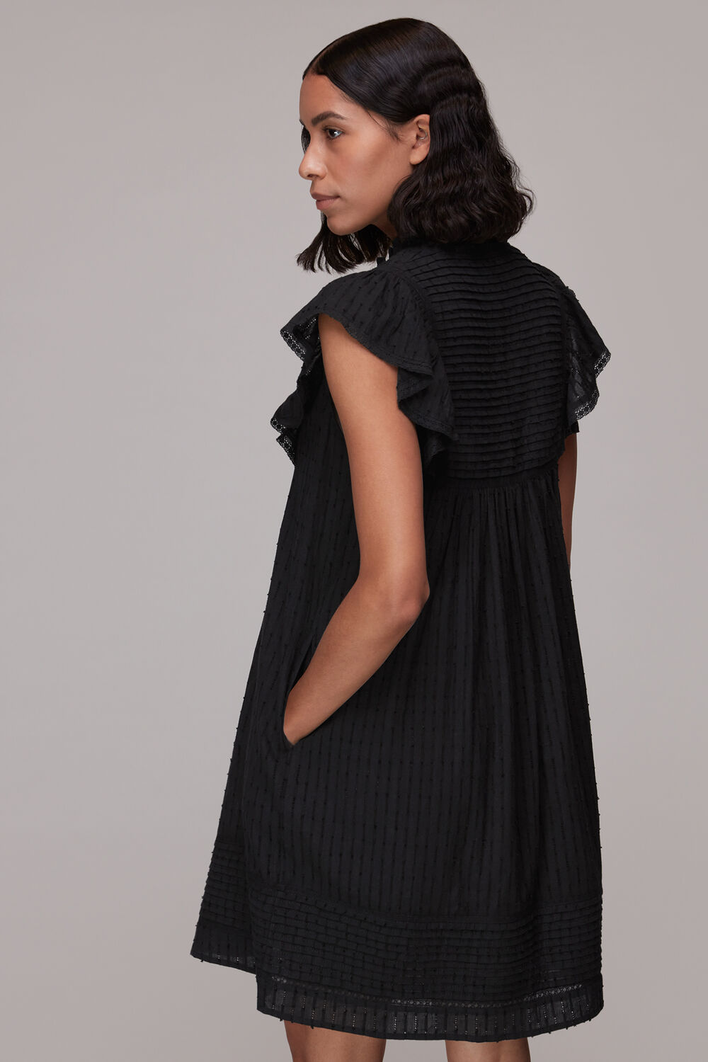 Pintuck Frill Cotton Dress Black