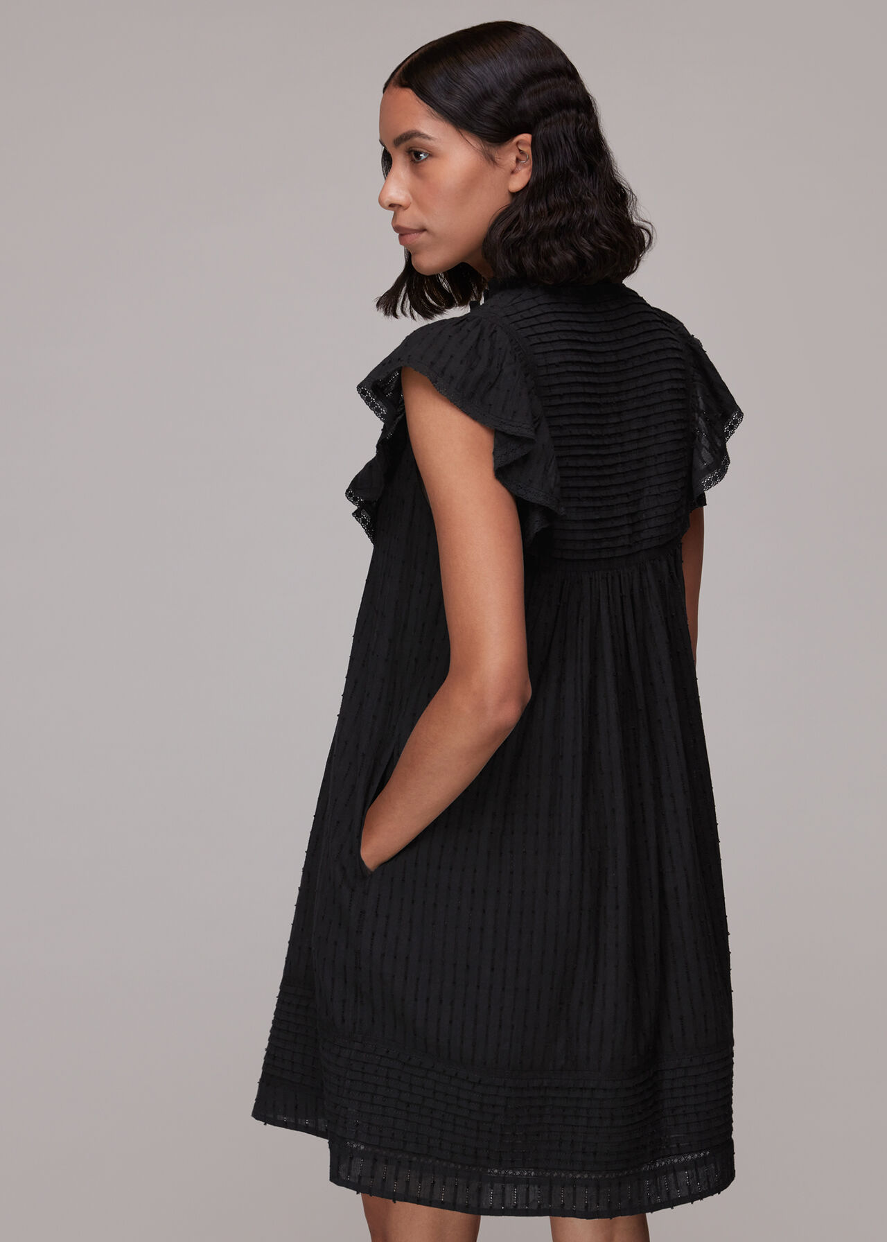 Pintuck Frill Cotton Dress Black