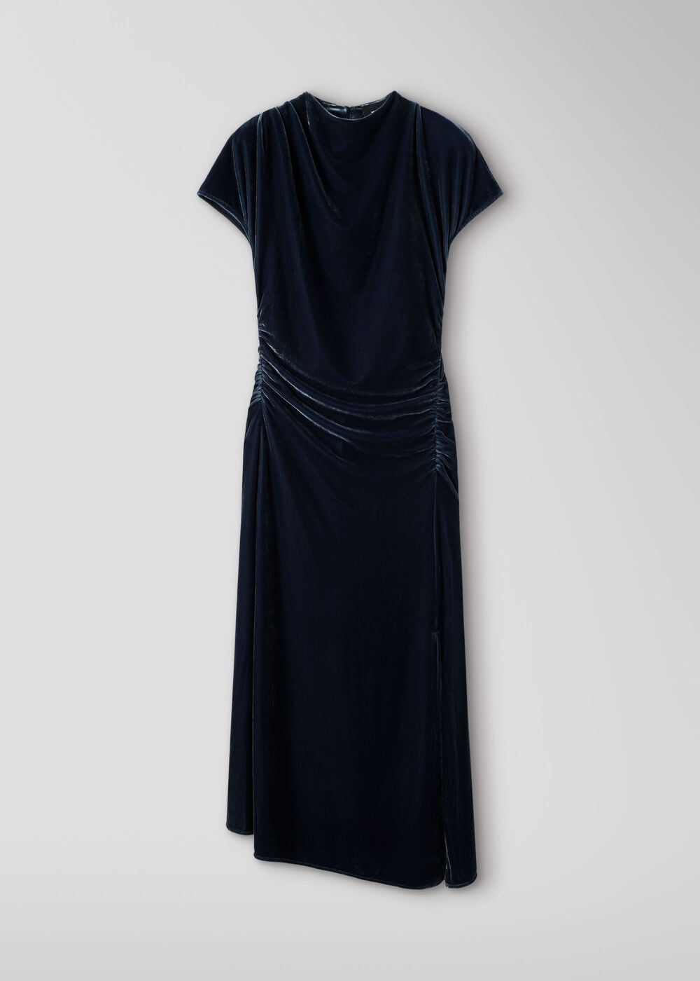 Navy Velvet Ruched Midi Dress