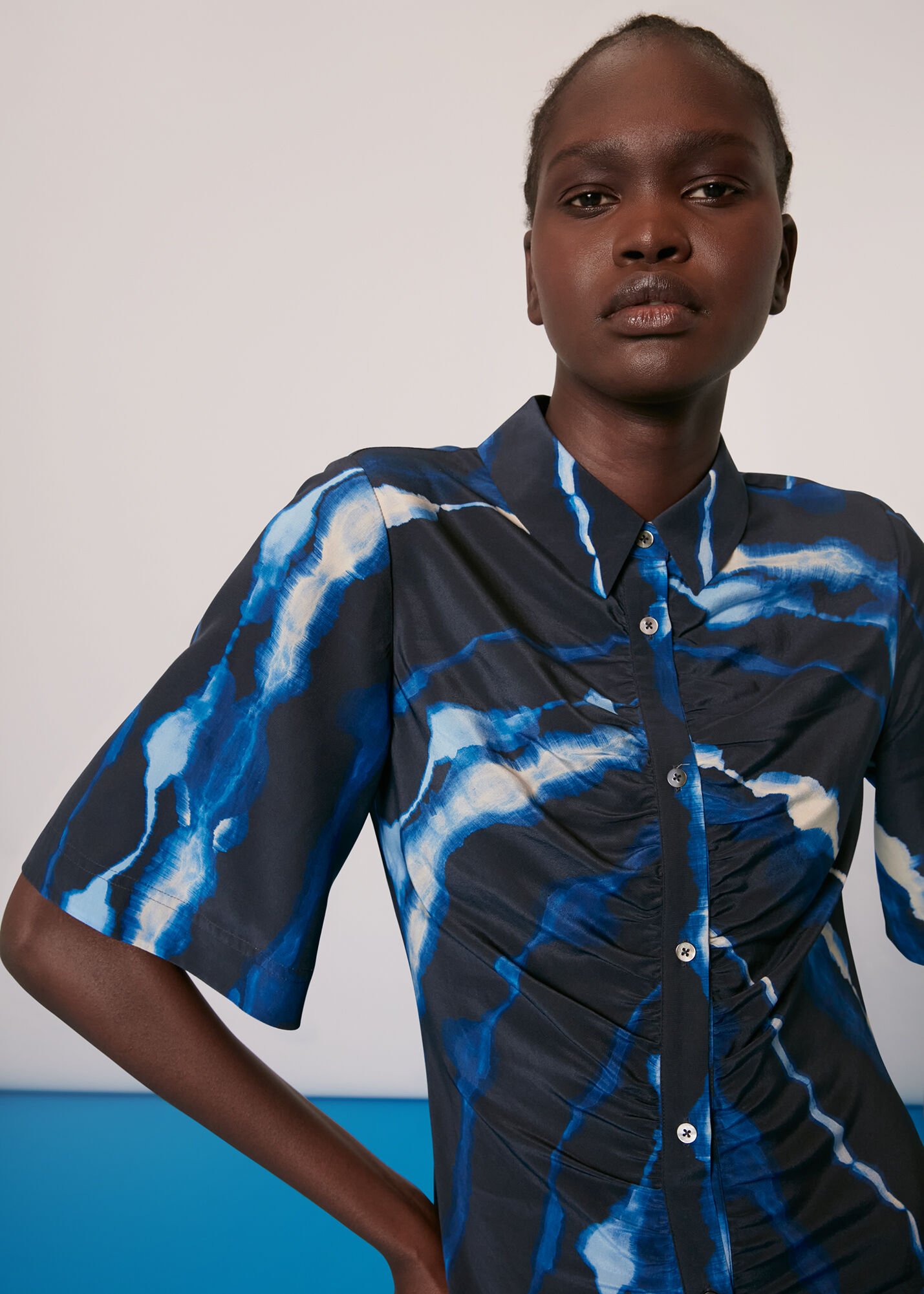 Blue/Multi Shibori Print Silk Midi Dress | WHISTLES