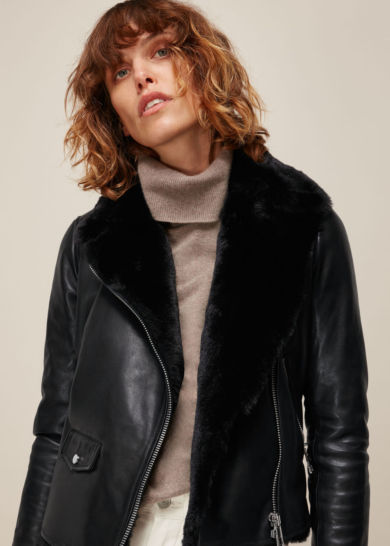 Black Faux Fur Lined Agnes Biker, WHISTLES