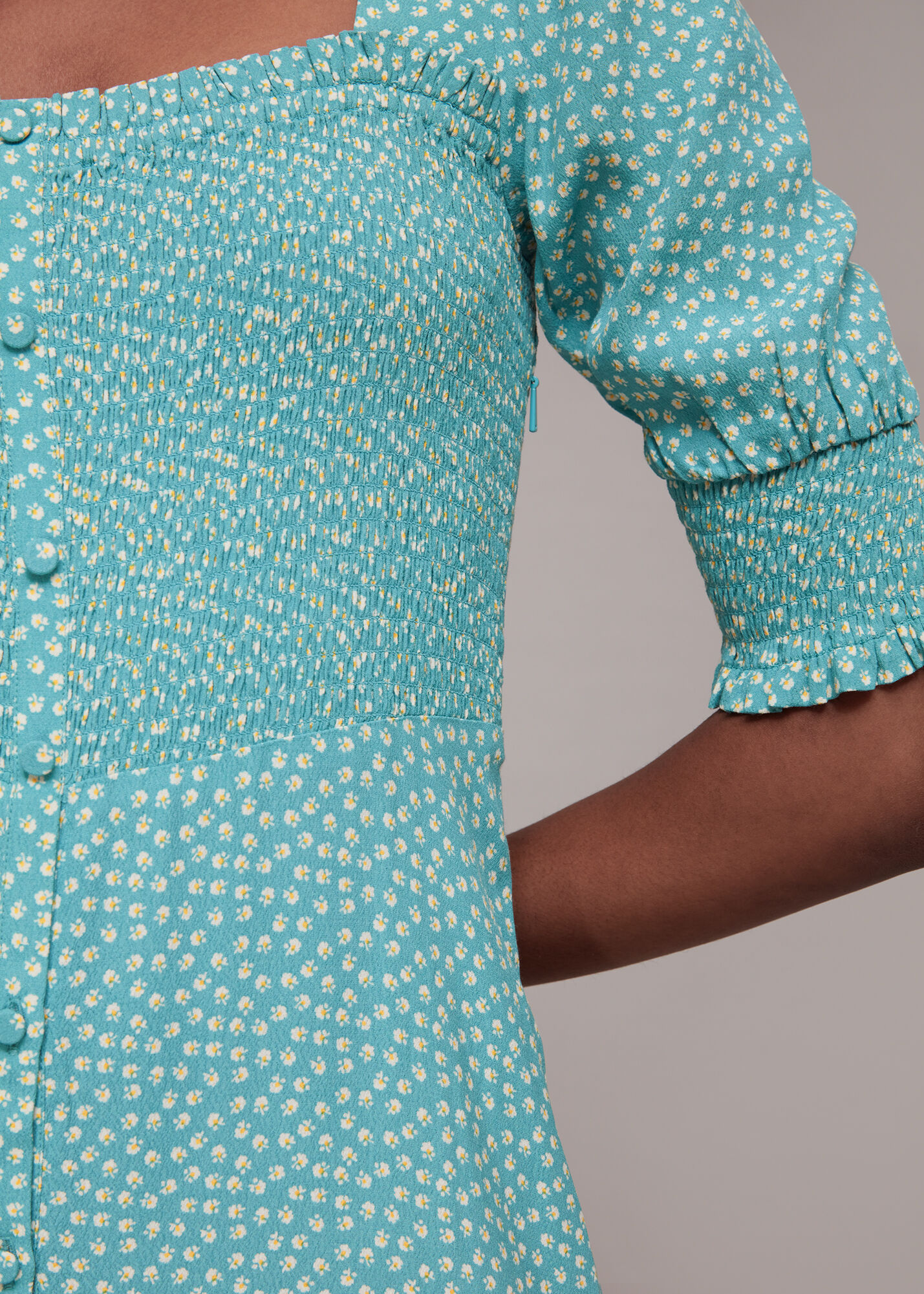 Blue/Multi Ditsy Floral Shirred Dress | WHISTLES | Whistles US |