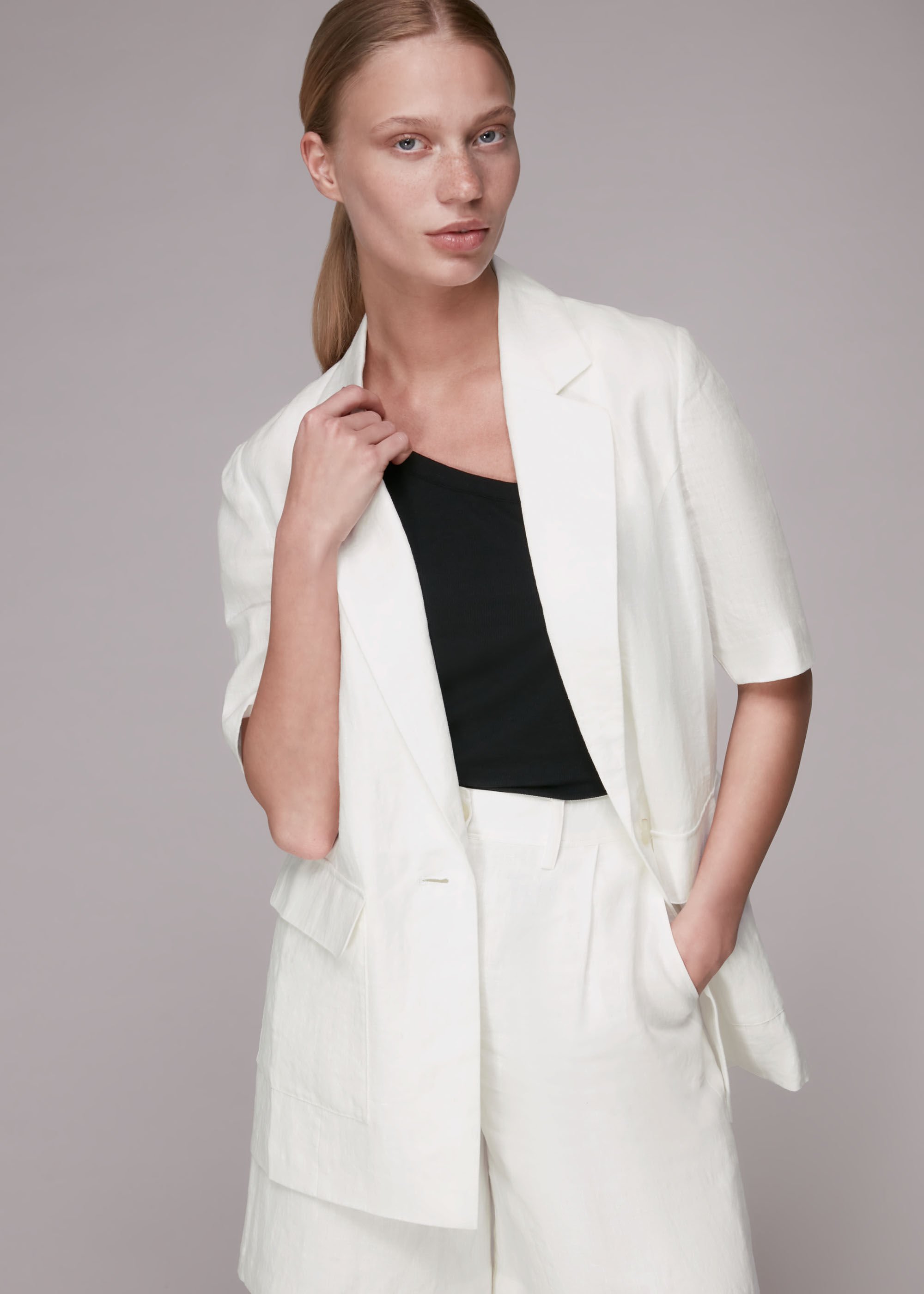 White Short Sleeve Linen Jacket WHISTLES Whistles US