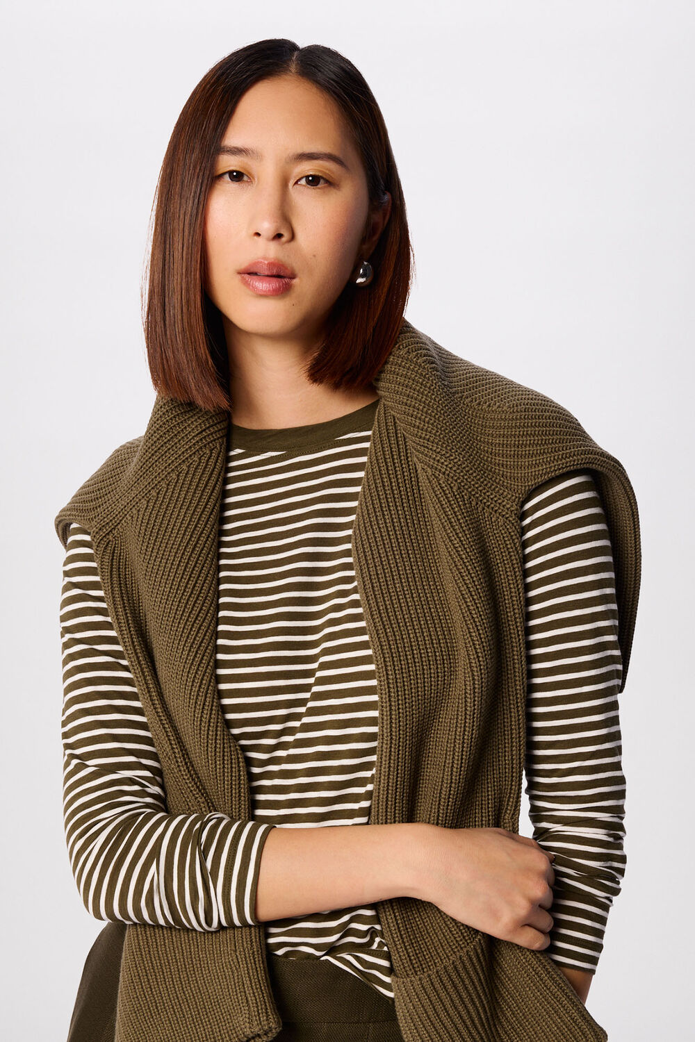 Khaki Stripe Crew Neck Pocket Top