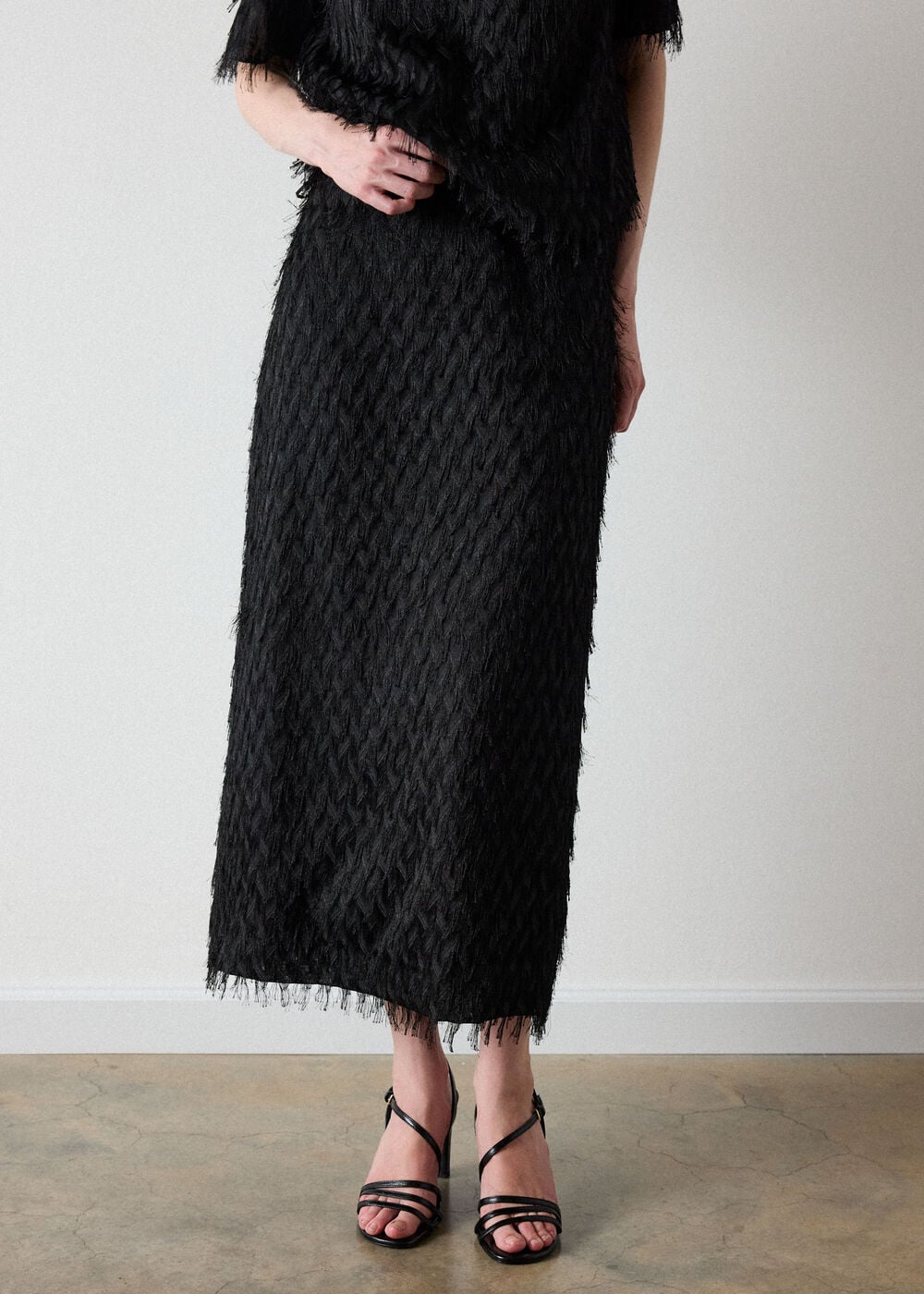 Black Fringe Textured Midi Skirt