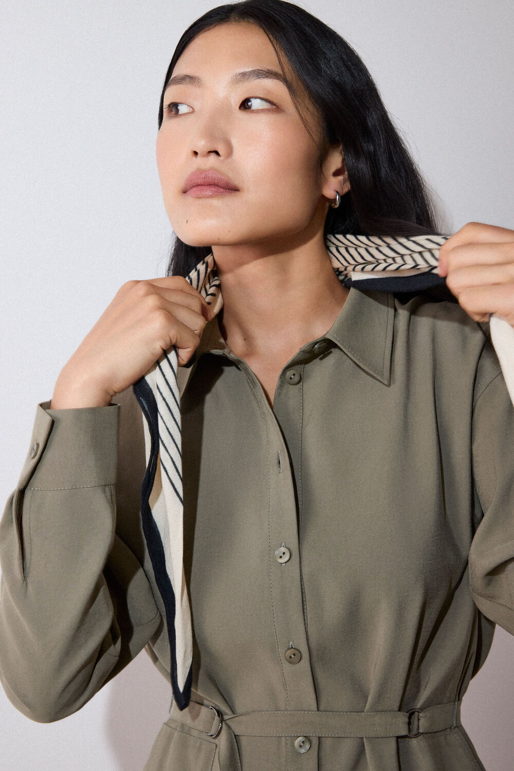 Khaki Ring Detail Shirt Twill Dress